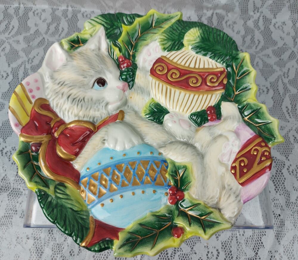 Fitz & Floyd Christmas Plate Cat KRISTMAS KITTY Holiday Canape Candy Cookies